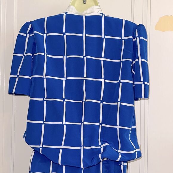 Vtg 80s Sasson Blue & White Grid Pattern Blouson Polyester Short Sleeve Dress - Picture 6 of 7